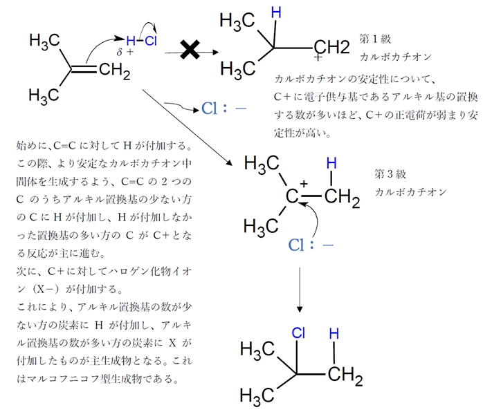 アルケン Hcｌ ハロゲン化水素 付加 マルコフニコフ則 98回問103の1